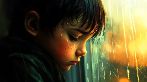 Melancholic child at rainy window in glowing sunset light.