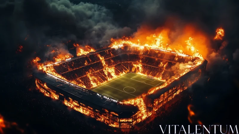 Aerial inferno engulfing enclosed football megastadium structure.