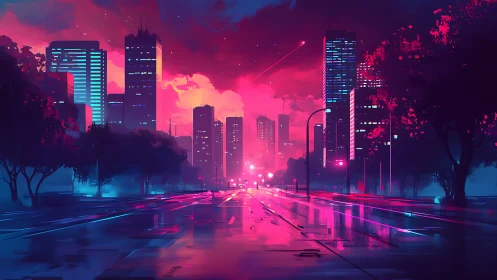 Neon-lit urban avenue extends toward dense city skyline