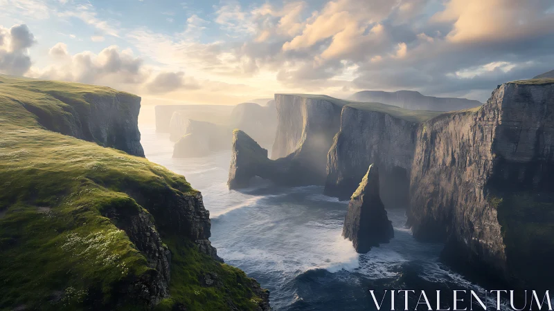 Sunlit cliffs trade secrets with the restless northern sea