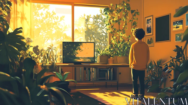 Sunlit living room garden with a quiet, daydreaming child.