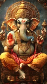 Radiant Lord Ganesha enthroned in opulent golden splendor.