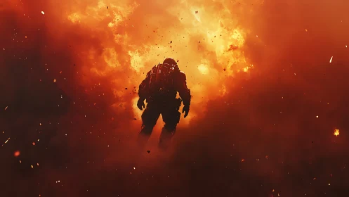 Armored Figure in Explosive Environment.