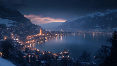 Twilight harbor town cradled by snowy mountains and lake glow.