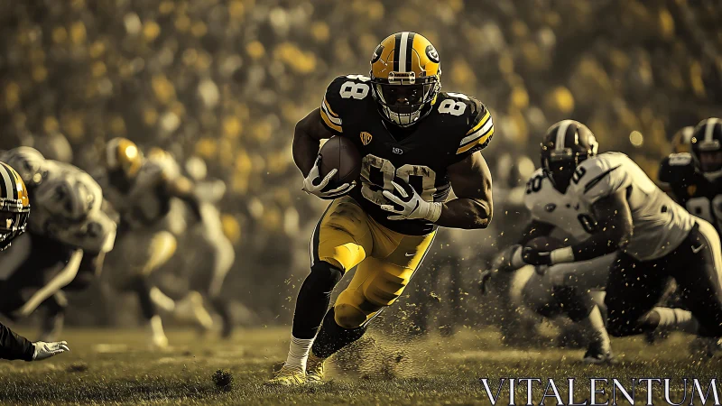 Running back accelerates through defensive gap under shallow DOF