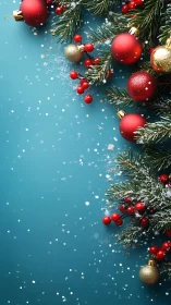 Red baubles and fir branches create festive contrast on teal