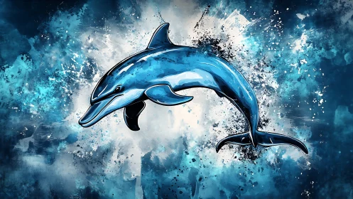 Stylized blue dolphin illustration on abstract splash field.