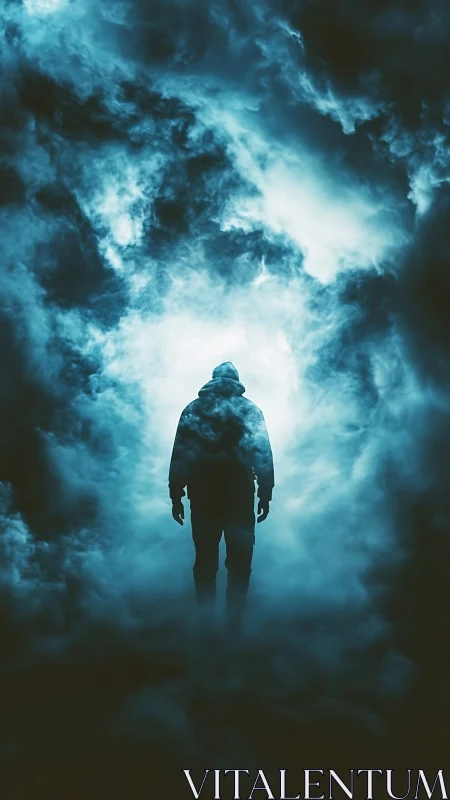 Silhouetted wanderer emerging through luminous storm clouds.