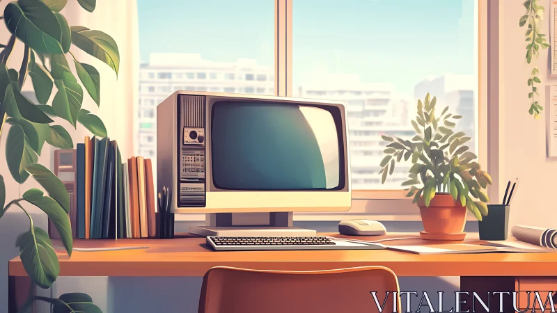 Retro desktop computer on tidy sunny office workspace.