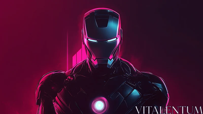Futuristic armored figure in neon pink and dark lighting.