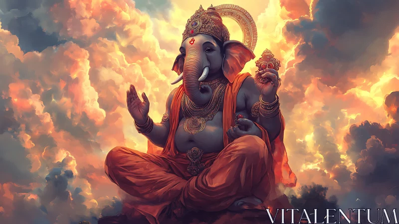 Divine Ganesha iconography in luminous volumetric cloudscape.