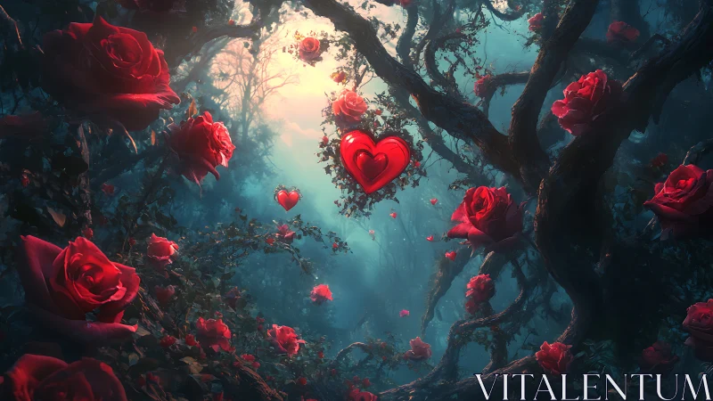 Ethereal forest landscape with luminous red roses and suspended heart symbols.