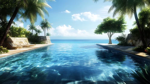 Infinity pool quietly stretches into a shimmering tropical horizon