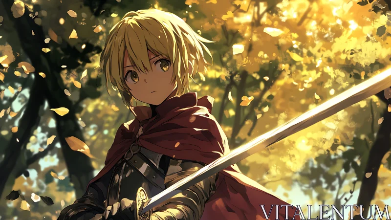 Autumn-blade prodigy beneath falling leaves of golden resolve.