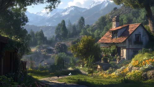 Sunlit cottage garden beneath distant alpine peaks.
