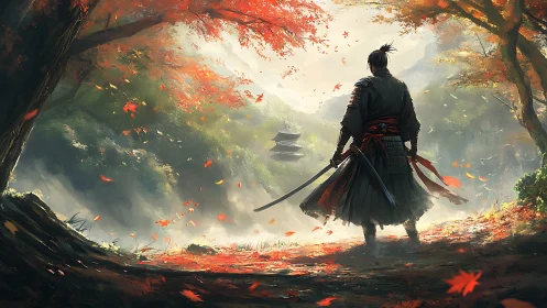 Samurai figure observing distant pagoda in autumn forest.