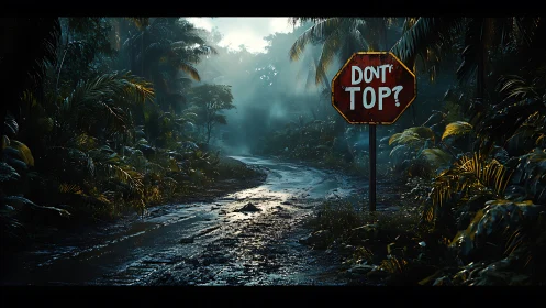 Foggy jungle road with altered octagonal traffic sign.