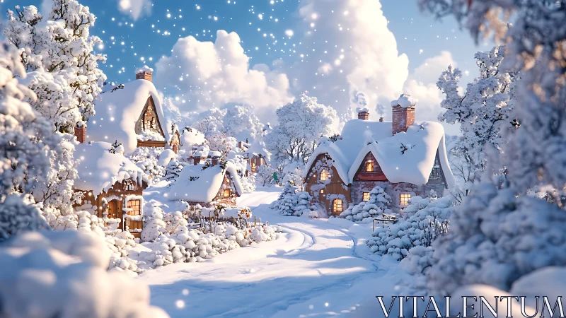 Snow-laden cottage village under soft golden twilight glow.