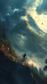 Mountain biker descends misty alpine ridge under dramatic volumetric light