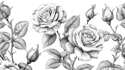 Monochromatic botanical rendering displaying rose specimens with buds and foliage.