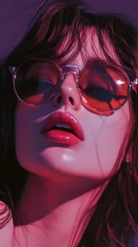 Close-up portrait with magenta lighting and tinted sunglasses.