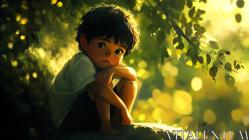 Pensive child under glowing forest canopy at sunset.