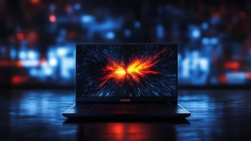 High-performance laptop framing explosive nebula display.