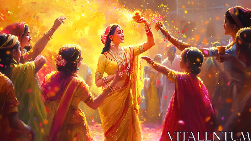 Vibrant Holi Celebration with Women in Traditional Attire, Festive Art.