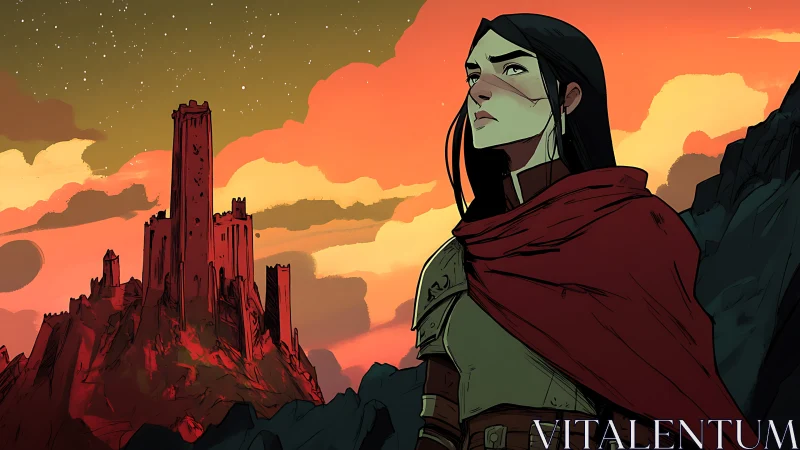 Heroic warrior portrait before fortress at dusk, comic style.