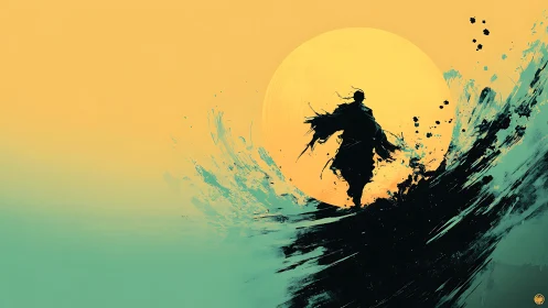 Lone warrior strides through tidal ink beneath burning sun.