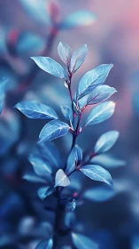 Iridescent blue leaves in dreamy shallow-focus bokeh study.