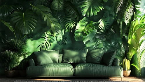 Jungle green sofa lounges beneath a luminous indoor canopy