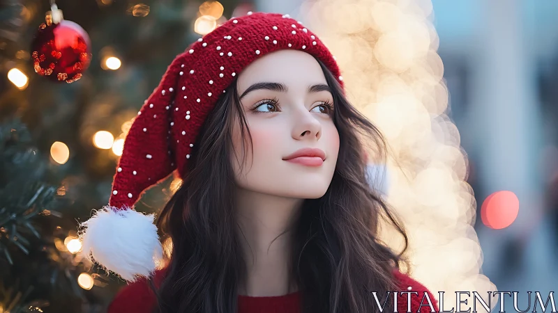 Soft winter lights and quiet joy in a festive red moment.