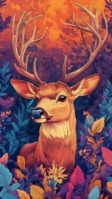 Majestic stag emerges amid neon forest foliage at dusk.