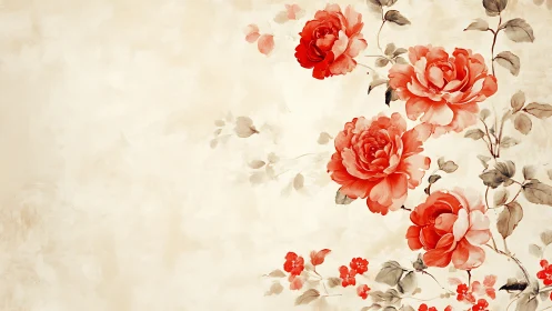 Red peonies and small florals rendered on pale textured background surface.