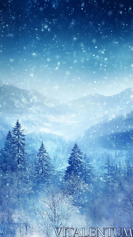 Silent snowfall drifts gently over peaceful winter mountains