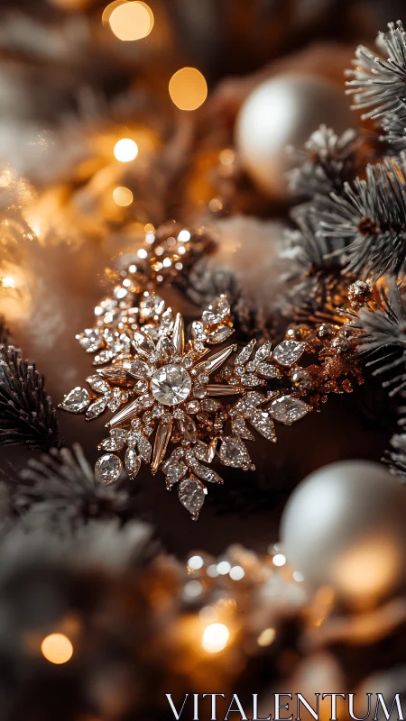 Crystal snowflake ornament amid warm Christmas lights.