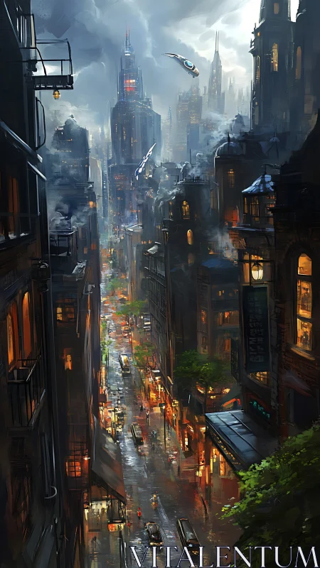 Rainlit future city street humming with layered life.