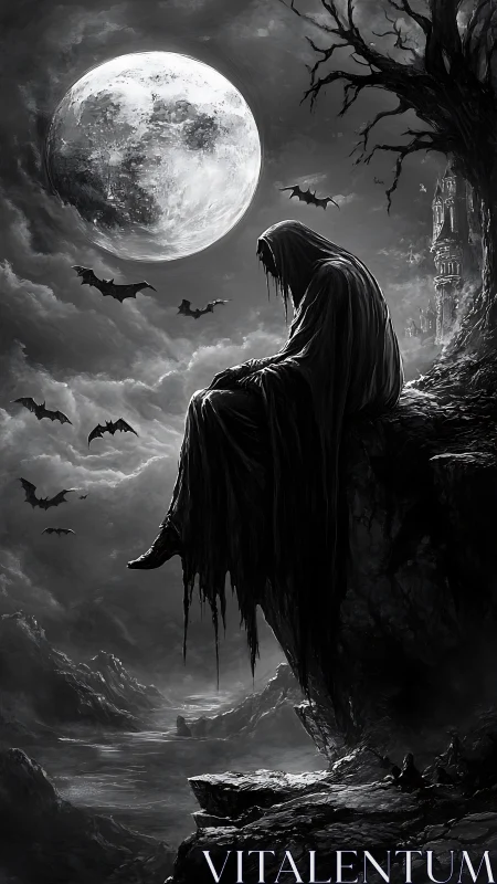 Monochrome gothic reaper on cliff under full moon sky.