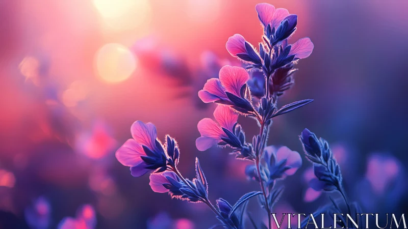 Pink Flowers Glowing Against Purple Sunset.
