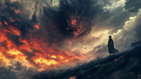 Fiery sky entity confronting solitary cloaked figure.