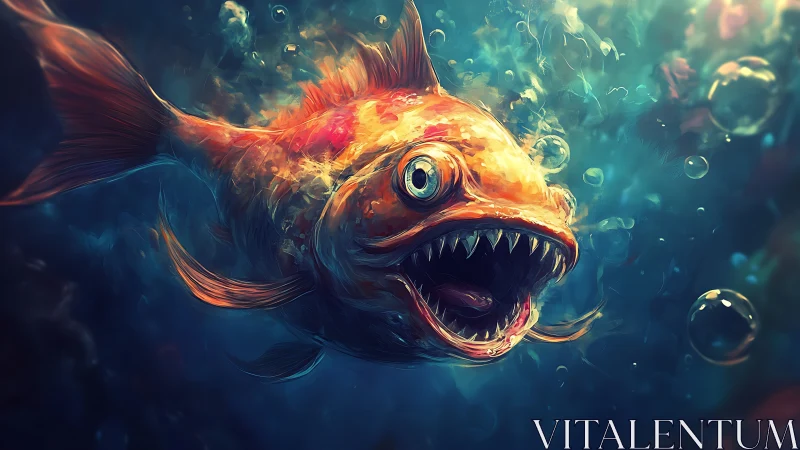 Predatory orange fish with open jaws in deep blue water.