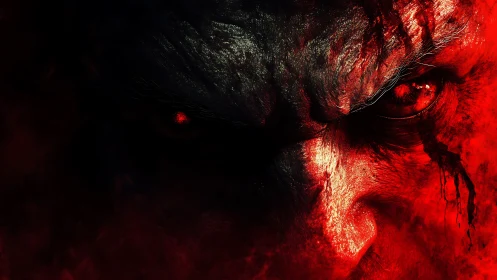 High-contrast demonic visage in saturated red chromatic field.