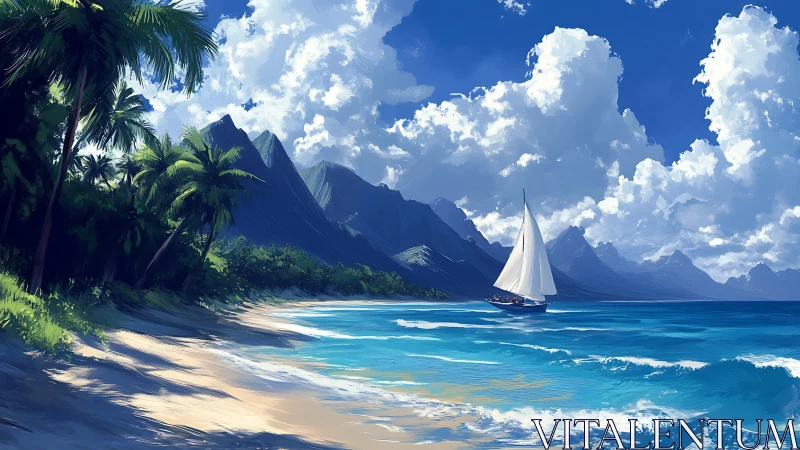 Sailboat near tropical shoreline with mountains and clouds.