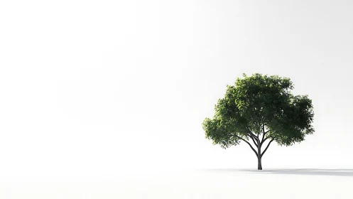 Solitary green tree on white minimalist landscape plane.