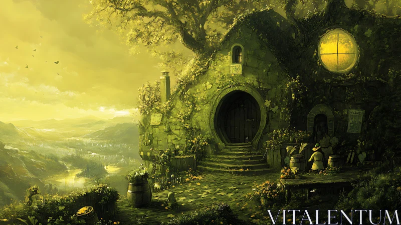 Moonlit hobbit cottage overlooking misty river valley.