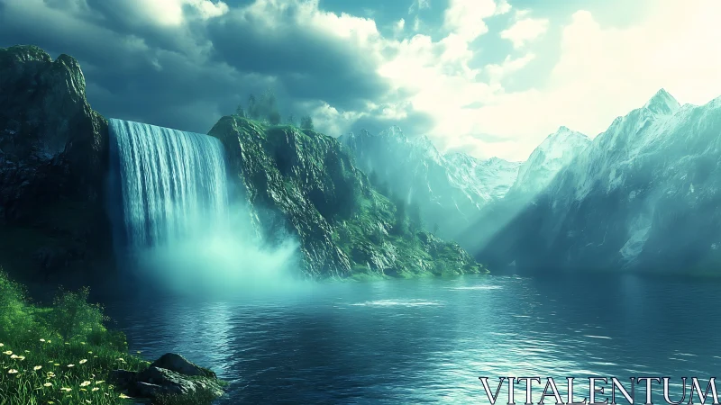 Sunlit waterfall pours into tranquil alpine lake panorama.