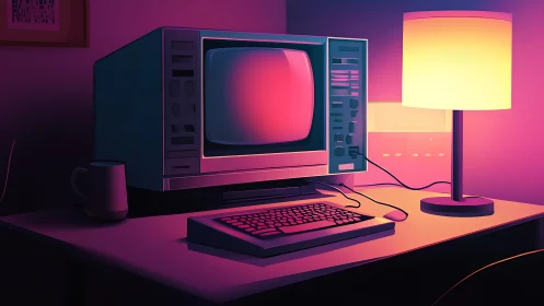 Retro desktop computer in neon-lit minimal workspace.