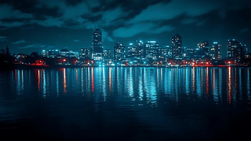Neon riverfront skyline bathing the night in cyan fire.