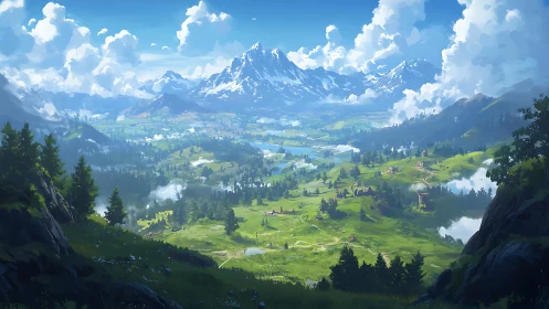 Emerald valley awakens beneath towering snowlit peaks at dawn.